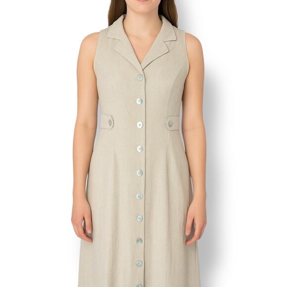 Vintage 90sLinen Blend Button Front Maxi Dress Flowy Sleeveless Back Cutout 8 - Picture 1 of 14